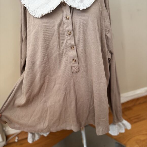 Pilcro Anthropologie Cottagecore Peter Pan Collar Top Taupe 3X Romantic Prairie - Picture 13 of 16
